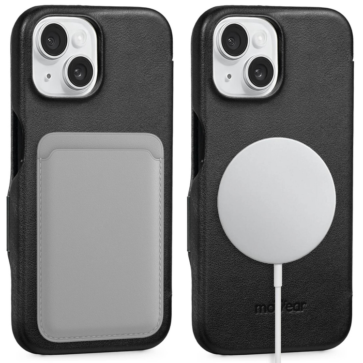 moVear flipSide 4C skórzane etui do Apple iPhone 15 (6,1") | Skóra naturalna gładka (Czarna)