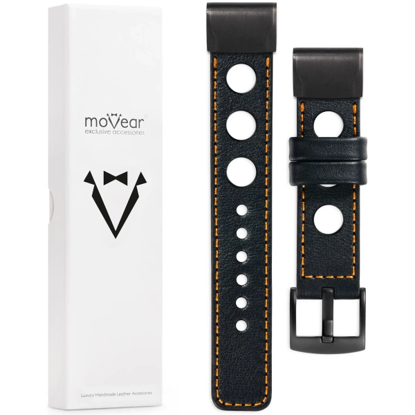 moVear Prestige R1 Skórzany pasek do Garmin QuickFit 22mm (Fenix / Forerunner / Epix / Instinct / Enduro / Quatix / MARQ - 47/45mm) | Czarny, pomarańczowe przeszycie [rozmiary XS-XXL i klamra do wyboru]