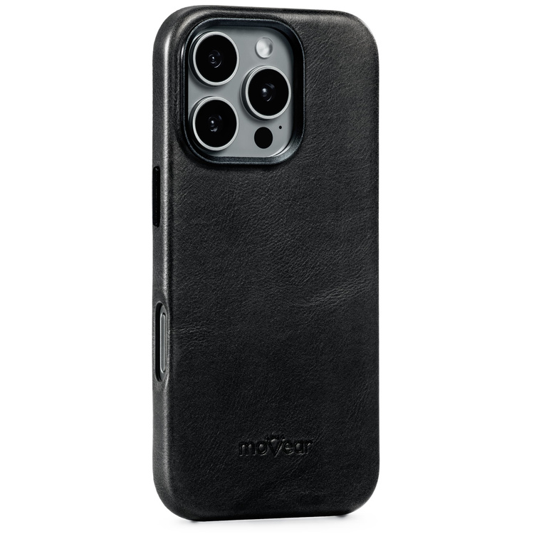moVear backCover 4S Skórzane plecki do Apple iPhone 16 Pro Max (6.9") | kompatybilne z MagSafe, Skóra naturalna olejowana (Czarna)