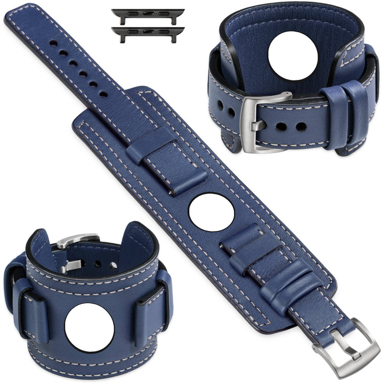 moVear Prestige CW1 Szeroki skórzany pasek 20mm do Apple Watch 10 / 9 / 8 / 7 / 6 / 5 / 4 / SE (42/41/40mm) | Granatowy, białe przeszycie [rozmiary XS-XXL i klamra do wyboru]
