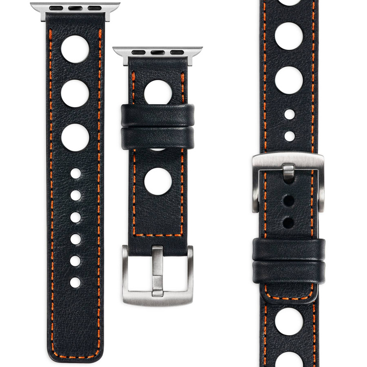 moVear Prestige R1 Skórzany pasek 20mm do Apple Watch 8 / 7 / 6 / 5 / 4 / SE (41/40mm) | Czarny, ciemnopomarańczowe przeszycie [rozmiar i klamra do wyboru]