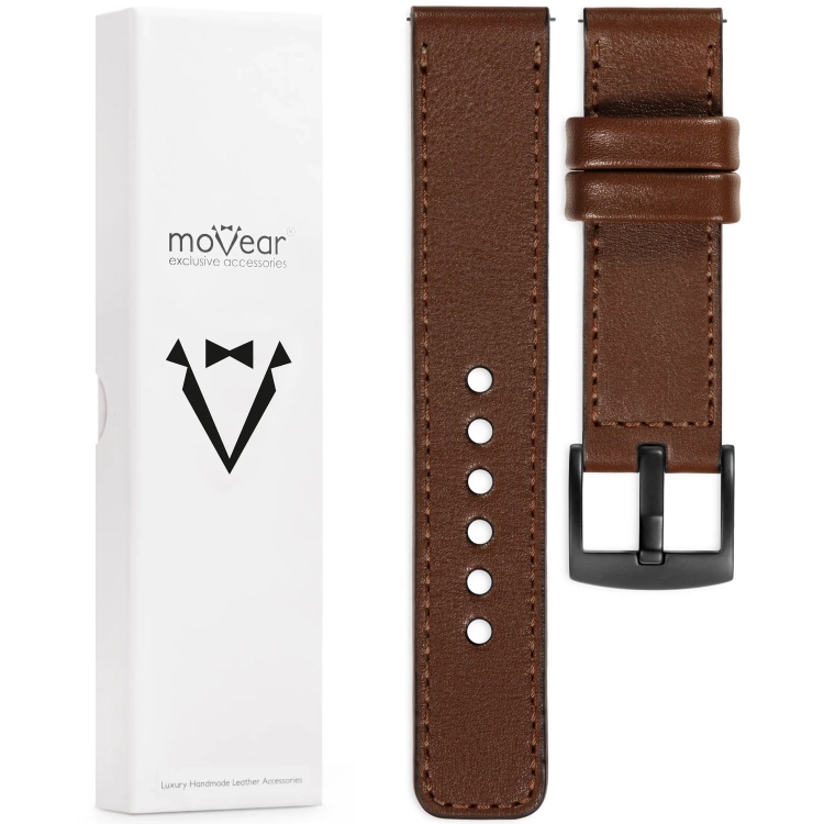 moVear Prestige C1 Skórzany pasek 20mm do zegarka | Ciemnobrązowy, ciemnobrązowe przeszycie [rozmiary XS-XXL i klamra do wyboru]