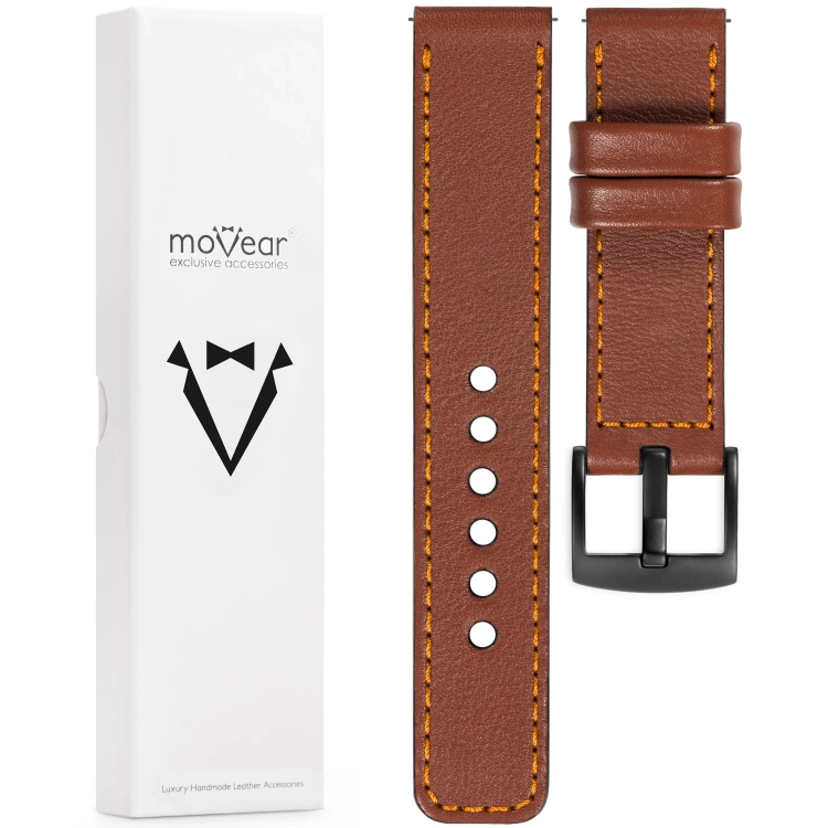 moVear Prestige C1 Skórzany pasek 20mm do zegarka | Brązowy, pomarańczowe przeszycie [rozmiary XS-XXL i klamra do wyboru]