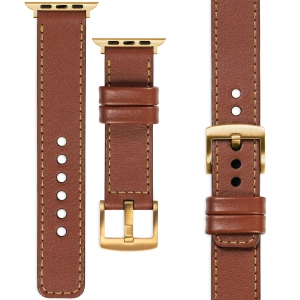 moVear Prestige C1 Skórzany pasek 22mm do Apple Watch 10 / 9 / 8 / 7 / 6 / 5 / 4 / SE (42/41/40mm) | Brązowy, złote przeszycie [rozmiary XS-XXL i klamra do wyboru]