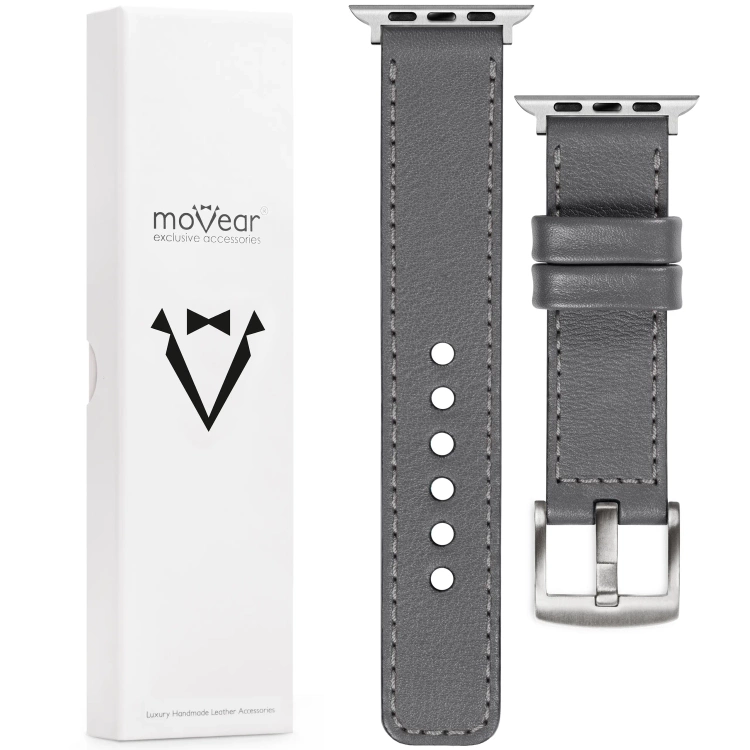moVear Prestige C1 Skórzany pasek 22mm do Apple Watch 10 / 9 / 8 / 7 / 6 / 5 / 4 / SE (46/45/44mm) & Ultra (49mm) | Szary, szare przeszycie [rozmiary XS-XXL i klamra do wyboru]