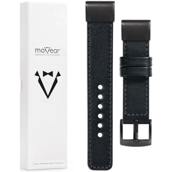 moVear Prestige C1 Skórzany pasek do Garmin QuickFit 22mm (Fenix / Forerunner / Epix / Instinct / Enduro / Quatix / MARQ - 47/45mm) | Czarny, grafitowe przeszycie [rozmiary XS-XXL i klamra do wyboru]