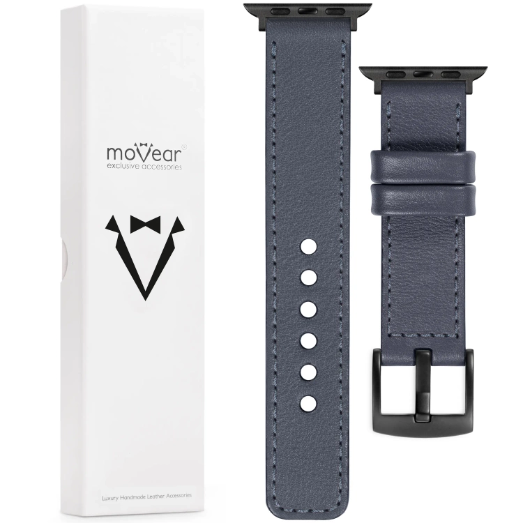moVear Prestige C1 Skórzany pasek 22mm do Apple Watch 10 / 9 / 8 / 7 / 6 / 5 / 4 / SE (42/41/40mm) | Szary stalowy, szare stalowe przeszycie [rozmiary XS-XXL i klamra do wyboru]