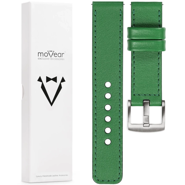 moVear Prestige C1 Skórzany pasek 20mm do Samsung Galaxy Watch 7 / 6 / 5 / 4 / 3 & Pro / FE / Classic / Active | Zielony, ciemnozielone przeszycie [rozmiary XS-XXL i klamra do wyboru]