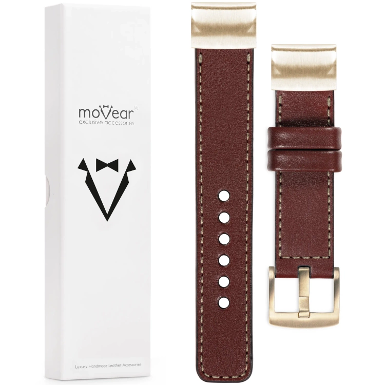 moVear Prestige C1 Skórzany pasek do Garmin QuickFit 20mm (Fenix / Instinct - 43/42/40mm) | Kasztanowy, kremowe przeszycie [rozmiary XS-XXL i klamra do wyboru]