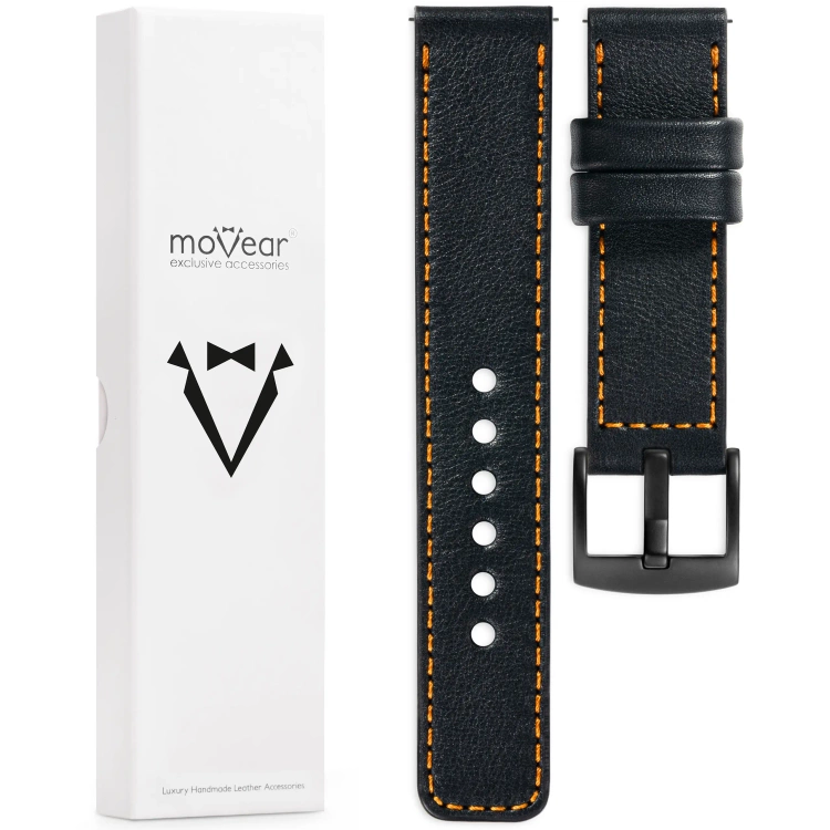 moVear Prestige C1 Skórzany pasek 20mm do zegarka | Czarny, pomarańczowe przeszycie [rozmiary XS-XXL i klamra do wyboru]