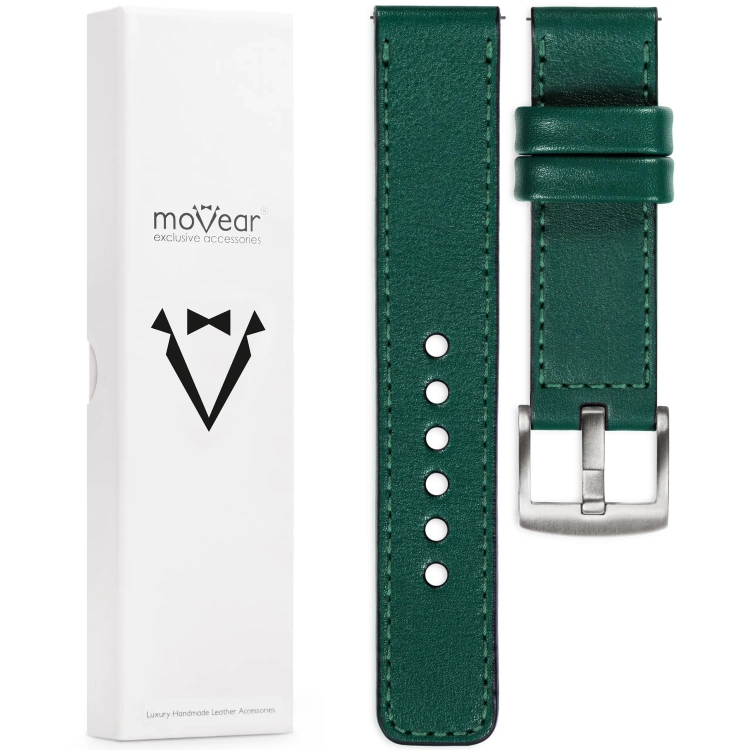 moVear Prestige C1 Skórzany pasek 26mm do zegarka | Zielony butelkowy, ciemnozielone przeszycie [rozmiary XS-XXL i klamra do wyboru]