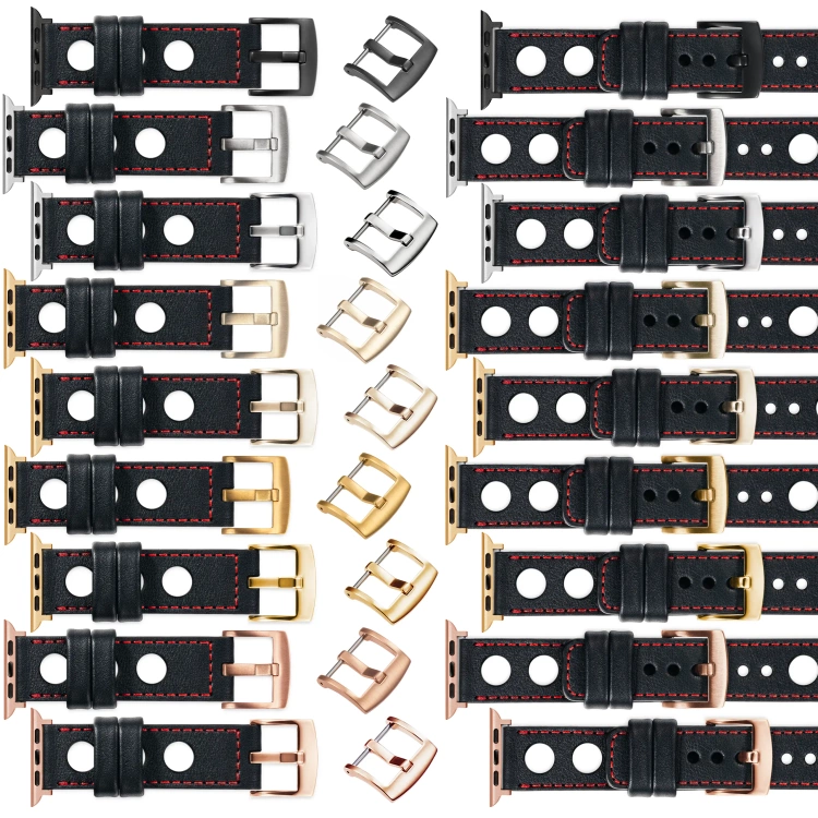 moVear Prestige R1 Skórzany pasek 22mm do Apple Watch 10 / 9 / 8 / 7 / 6 / 5 / 4 / SE (42/41/40mm) | Czarny, czerwone przeszycie [rozmiary XS-XXL i klamra do wyboru]