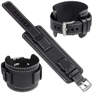 moVear Prestige CW1 Szeroki skórzany pasek 21mm do zegarka | Czarny, białe przeszycie [rozmiary XS-XXL i klamra do wyboru]