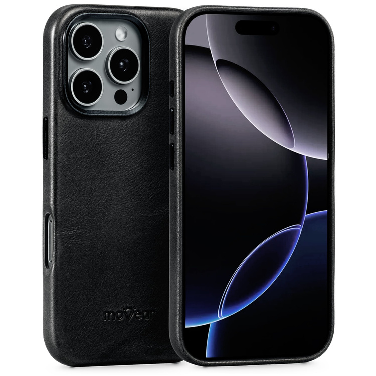 moVear backCover 4S Skórzane plecki do Apple iPhone 16 Pro (6.3") | kompatybilne z MagSafe, Skóra naturalna olejowana (Czarna)