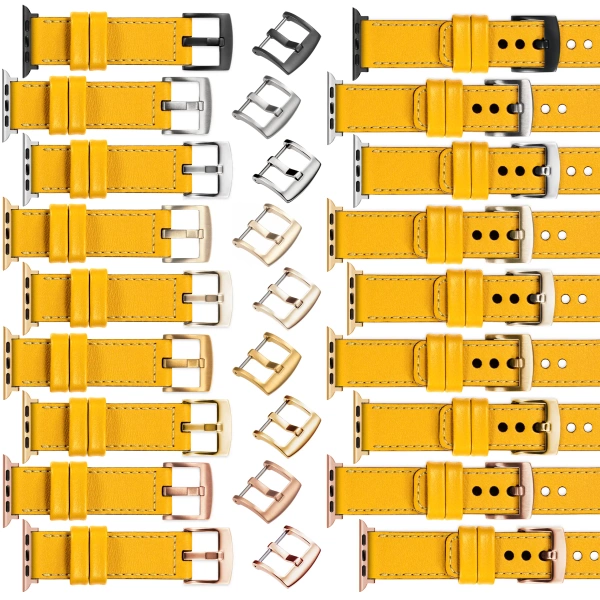 moVear Prestige C1 Skórzany pasek 22mm do Apple Watch 10 / 9 / 8 / 7 / 6 / 5 / 4 / SE (46/45/44mm) & Ultra (49mm) | Żółty, żółte przeszycie [rozmiary XS-XXL i klamra do wyboru]