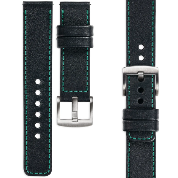 moVear Prestige C1 Skórzany pasek 22mm do zegarka | Czarny, turkusowe przeszycie [rozmiary XS-XXL i klamra do wyboru]