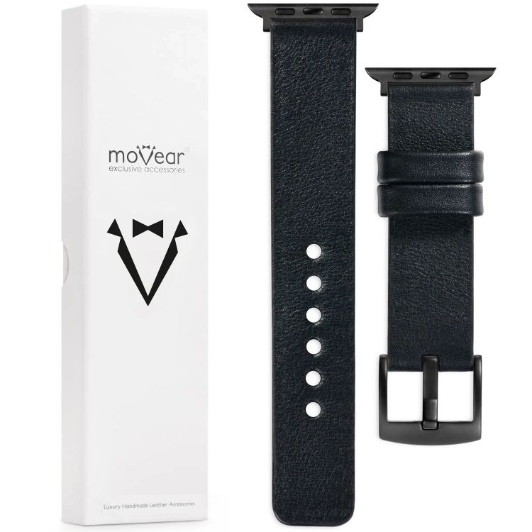moVear Prestige S1 Skórzany pasek 20mm do Apple Watch 10 / 9 / 8 / 7 / 6 / 5 / 4 / SE (42/41/40mm) | Czarny [adapter i klamra do wyboru]