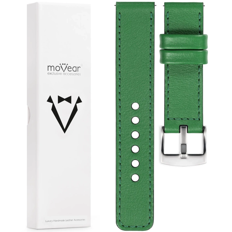 moVear Prestige C1 Skórzany pasek 20mm do zegarka | Zielony, ciemnozielone przeszycie [rozmiary XS-XXL i klamra do wyboru]