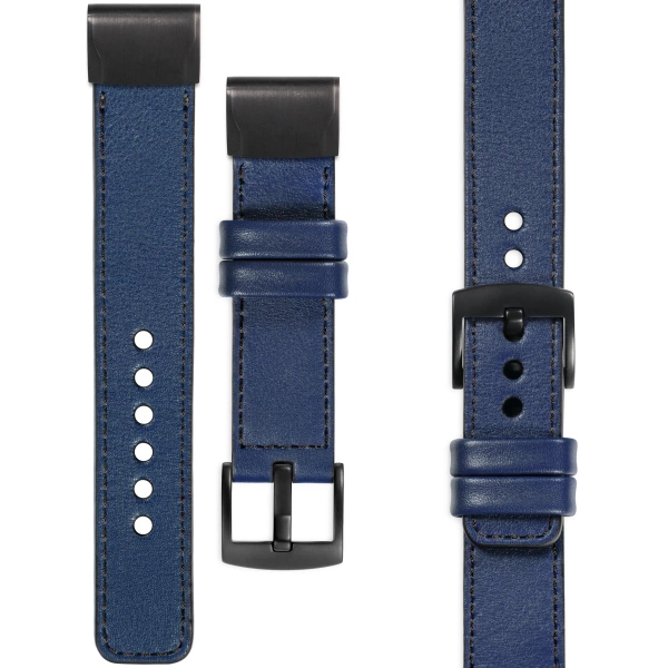 moVear Prestige C1 Skórzany pasek do Garmin QuickFit 22mm (Fenix / Forerunner / Epix / Instinct / Enduro / Quatix / MARQ - 47/45mm) | Granatowy, czarne przeszycie [rozmiary XS-XXL i klamra do wyboru]