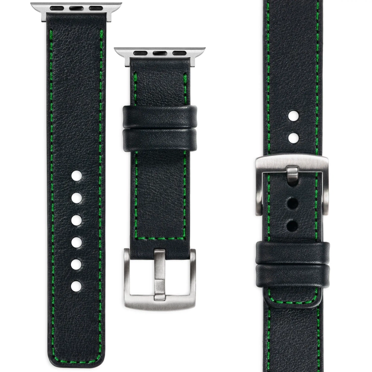moVear Prestige C1 Skórzany pasek 22mm do Apple Watch 10 / 9 / 8 / 7 / 6 / 5 / 4 / SE (46/45/44mm) & Ultra (49mm) | Czarny, zielone przeszycie [rozmiary XS-XXL i klamra do wyboru]