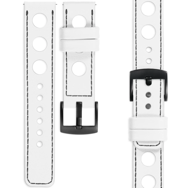 moVear Prestige R1 Skórzany pasek 20mm do Samsung Galaxy Watch 7 / 6 / 5 / 4 / 3 & Pro / FE / Classic / Active | Biały, czarne przeszycie [rozmiary XS-XXL i klamra do wyboru]