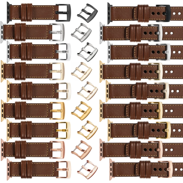 moVear Prestige C1 Skórzany pasek 22mm do Apple Watch 10 / 9 / 8 / 7 / 6 / 5 / 4 / SE (46/45/44mm) & Ultra (49mm) | Ciemnobrązowy, złote przeszycie [rozmiary XS-XXL i klamra do wyboru]