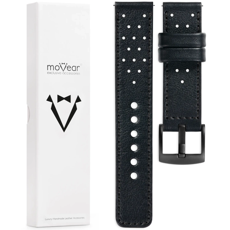 moVear Prestige R2 Skórzany pasek 22mm do Samsung Galaxy Watch 3 (45mm) / Watch (46mm) / Gear S3 | Czarny, czarne przeszycie [rozmiary XS-XXL i klamra do wyboru]