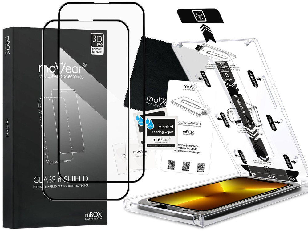 2 szt. | moVear mBOX GLASS mSHIELD 3D PRO do Apple iPhone 16e / 14 / 13 / 13 Pro (6.1") (łatwy montaż)