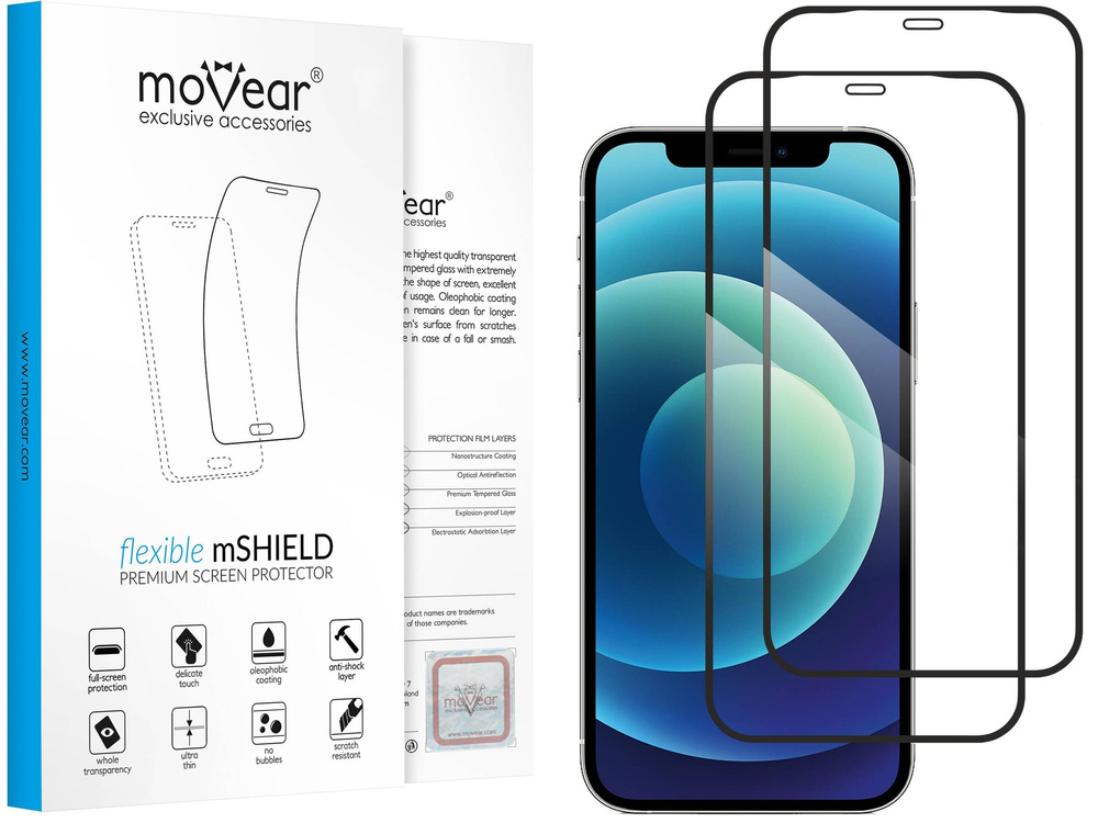 2 szt. | moVear flexible mSHIELD 2D do Apple iPhone 12 Pro / 12 (6.1"). Pancerne szkło hybrydowe.