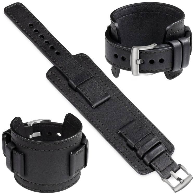 moVear Prestige CW1 Szeroki skórzany pasek 21mm do zegarka | Czarny, czarne przeszycie [rozmiary XS-XXL i klamra do wyboru]