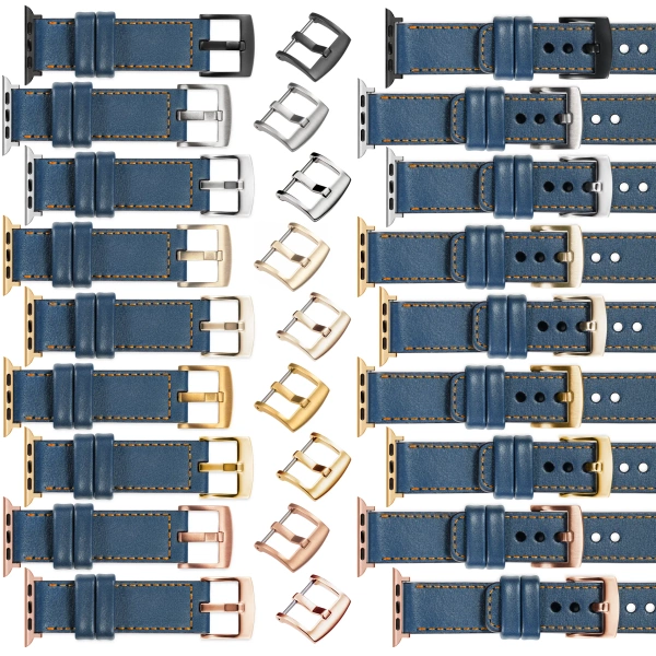 moVear Prestige C1 Skórzany pasek 22mm do Apple Watch 10 / 9 / 8 / 7 / 6 / 5 / 4 / SE (42/41/40mm) | Niebieski jeans, pomarańczowe przeszycie [rozmiary XS-XXL i klamra do wyboru]