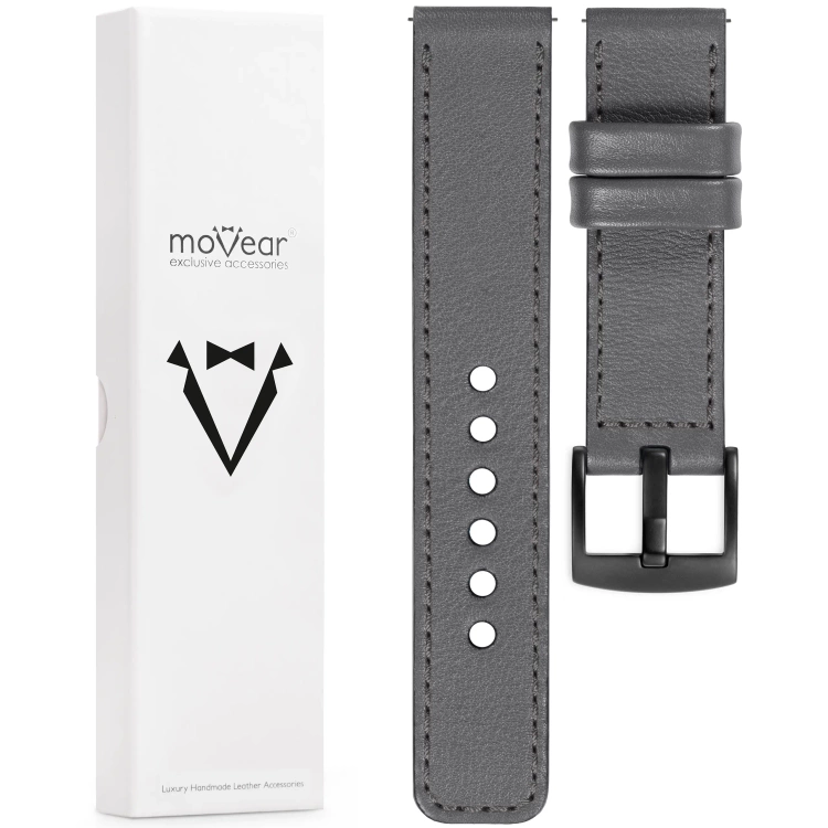 moVear Prestige C1 Skórzany pasek 22mm do Samsung Galaxy Watch 3 (45mm) / Watch (46mm) / Gear S3 | Szary, grafitowe przeszycie [rozmiary XS-XXL i klamra do wyboru]