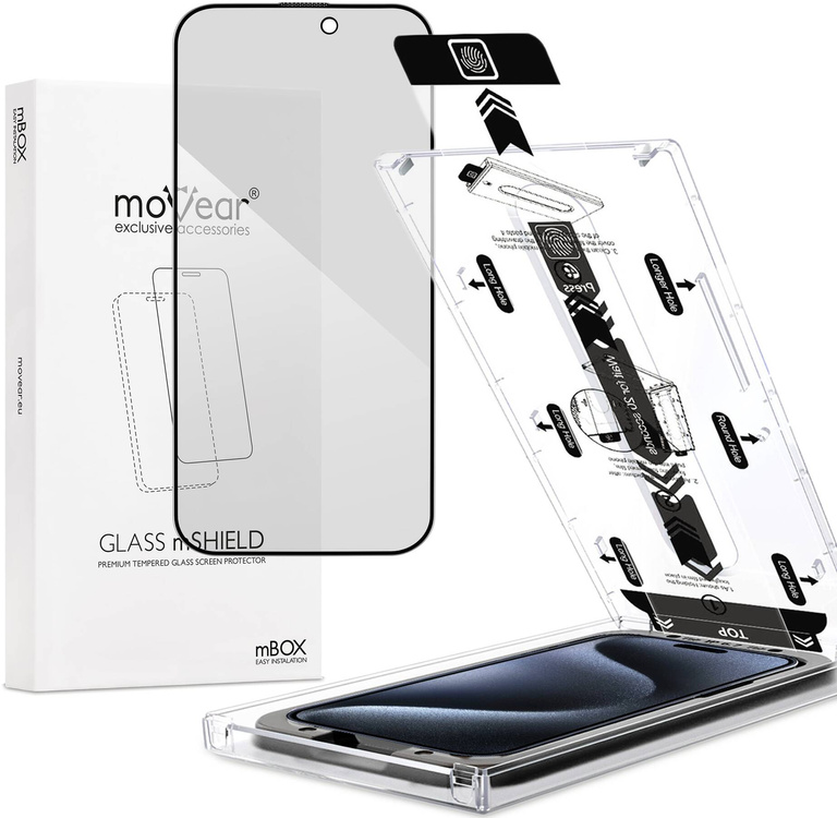 moVear mBOX GLASS mSHIELD 2.5D MAX privacy do Apple iPhone 15 Pro Max (6.7") (Anty spy, z Aplikatorem)