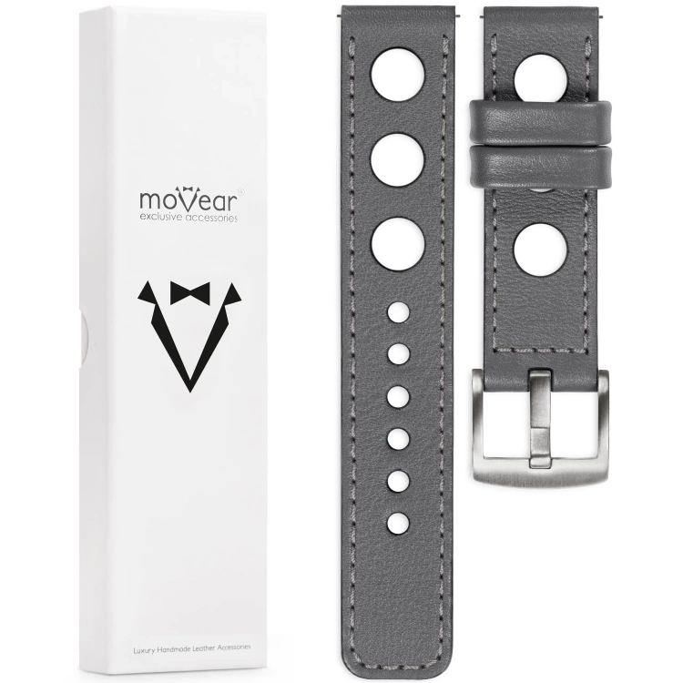 moVear Prestige R1 Skórzany pasek 24mm do zegarka | Szary, szare przeszycie [rozmiary XS-XXL i klamra do wyboru]