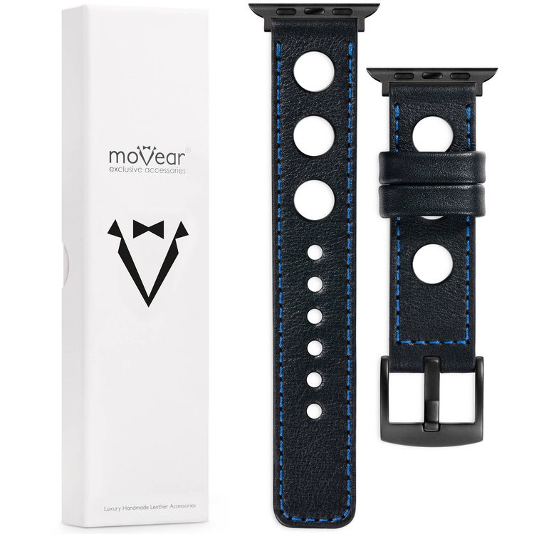 moVear Prestige R1 Skórzany pasek 20mm do Apple Watch 8 / 7 / 6 / 5 / 4 / SE (41/40mm) | Czarny, niebieskie przeszycie [rozmiar i klamra do wyboru]