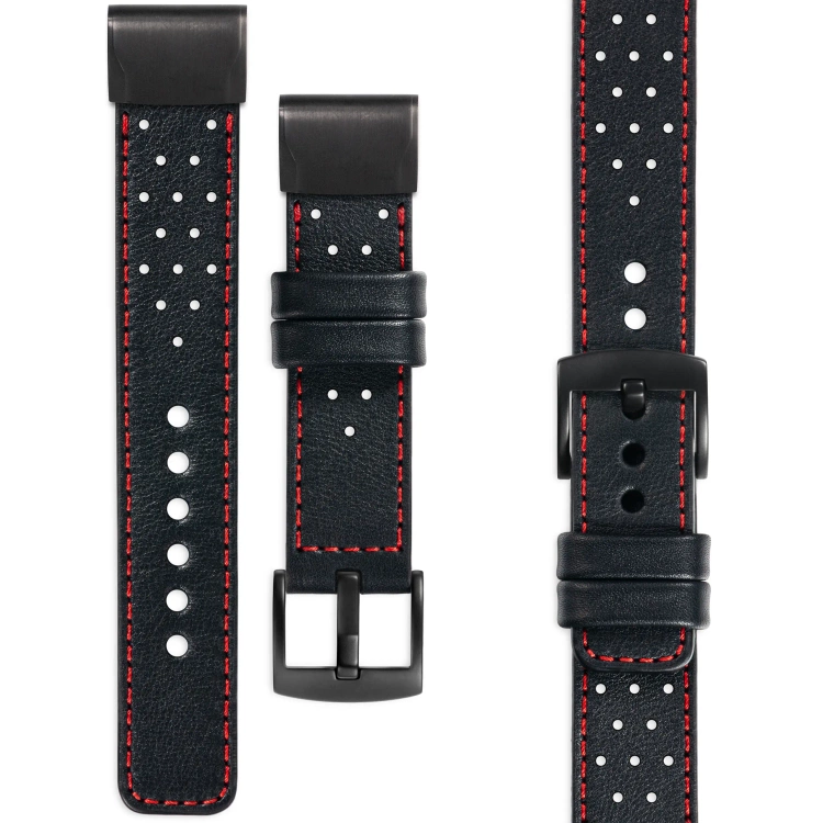 moVear Prestige R2 Skórzany pasek do Garmin QuickFit 20mm (Fenix / Instinct - 43/42/40mm) | Czarny, czerwone przeszycie [rozmiary XS-XXL i klamra do wyboru]