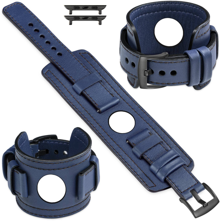 moVear Prestige CW1 Szeroki skórzany pasek 24mm do Apple Watch 10 / 9 / 8 / 7 / 6 / 5 / 4 / SE (46/45/44mm) & Ultra (49mm) | Granatowy, czarne przeszycie [rozmiary XS-XXL i klamra do wyboru]
