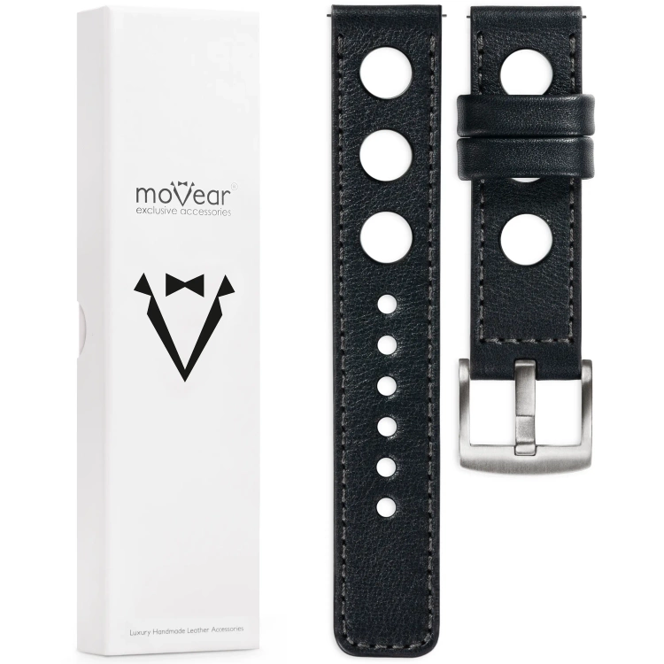 moVear Prestige R1 Skórzany pasek 22mm do zegarka | Czarny, grafitowe przeszycie [rozmiary XS-XXL i klamra do wyboru]