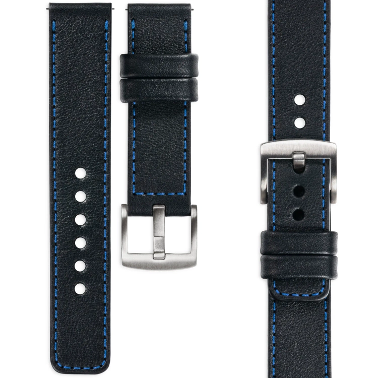 moVear Prestige C1 Skórzany pasek 22mm do zegarka | Czarny, niebieskie przeszycie [rozmiary XS-XXL i klamra do wyboru]
