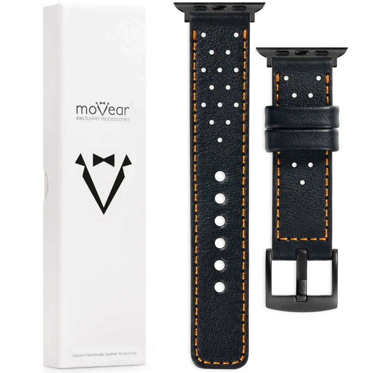 moVear Prestige R2 Skórzany pasek 22mm do Apple Watch 10 / 9 / 8 / 7 / 6 / 5 / 4 / SE (46/45/44mm) & Ultra (49mm) | Czarny, pomarańczowe przeszycie [rozmiary XS-XXL i klamra do wyboru]