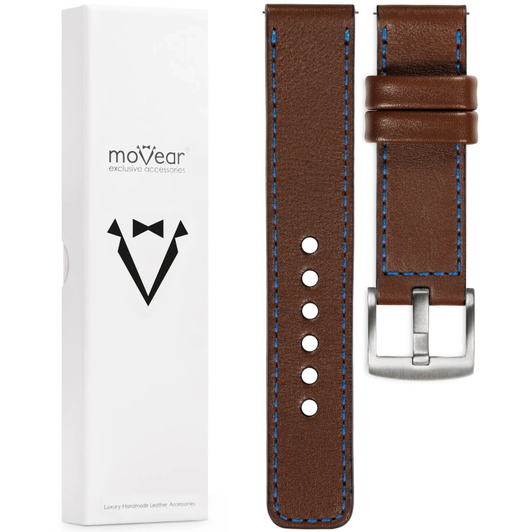 moVear Prestige C1 Skórzany pasek 22mm do zegarka | Ciemnobrązowy, niebieskie przeszycie [rozmiary XS-XXL i klamra do wyboru]