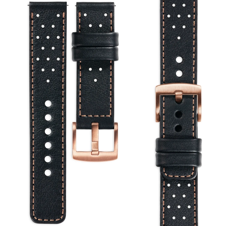 moVear Prestige R2 Skórzany pasek 20mm do Samsung Galaxy Watch 7 / 6 / 5 / 4 / 3 & Pro / FE / Classic / Active | Czarny, różowe złoto przeszycie [rozmiary XS-XXL i klamra do wyboru]