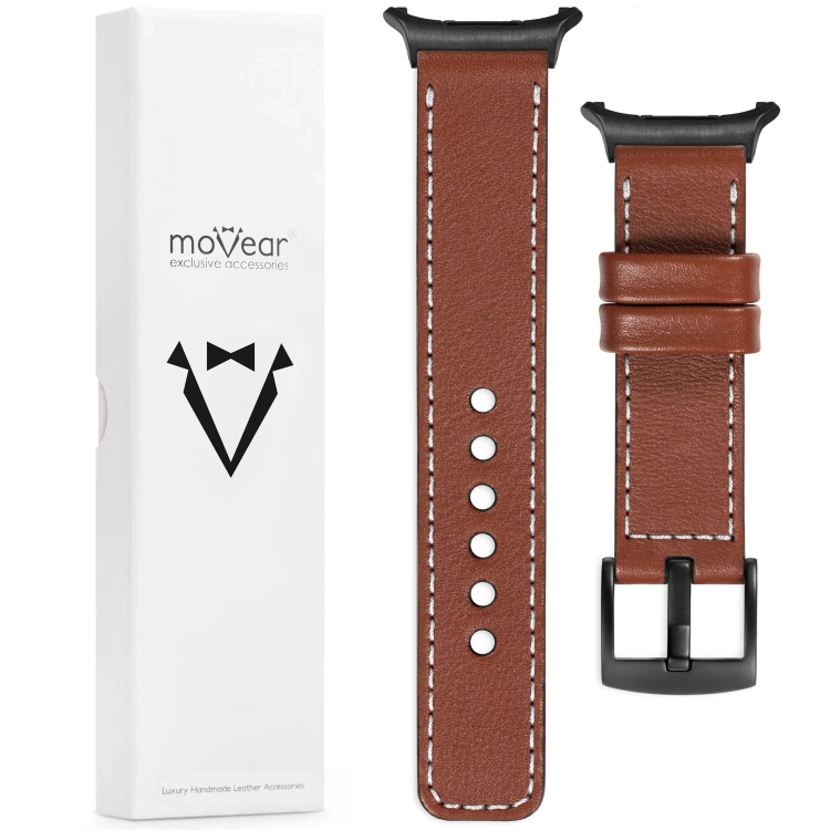 moVear Prestige C1 Skórzany pasek 24mm do Samsung Galaxy Watch Ultra | Brązowy, białe przeszycie [rozmiary XS-XXL i klamra do wyboru]