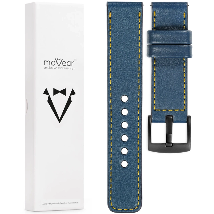 moVear Prestige C1 Skórzany pasek 22mm do zegarka | Niebieski jeans, żółte przeszycie [rozmiary XS-XXL i klamra do wyboru]