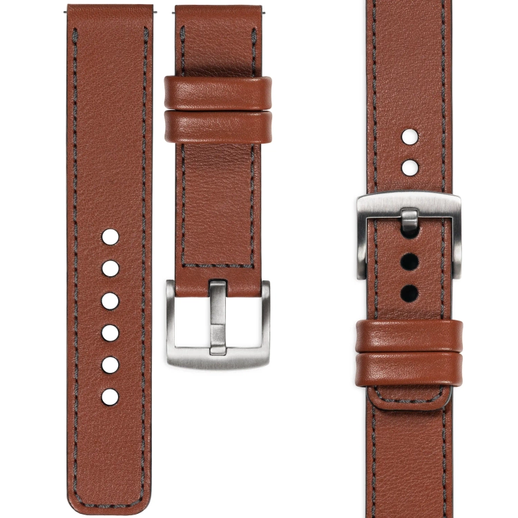 moVear Prestige C1 Skórzany pasek 22mm do zegarka | Brązowy, grafitowe przeszycie [rozmiary XS-XXL i klamra do wyboru]