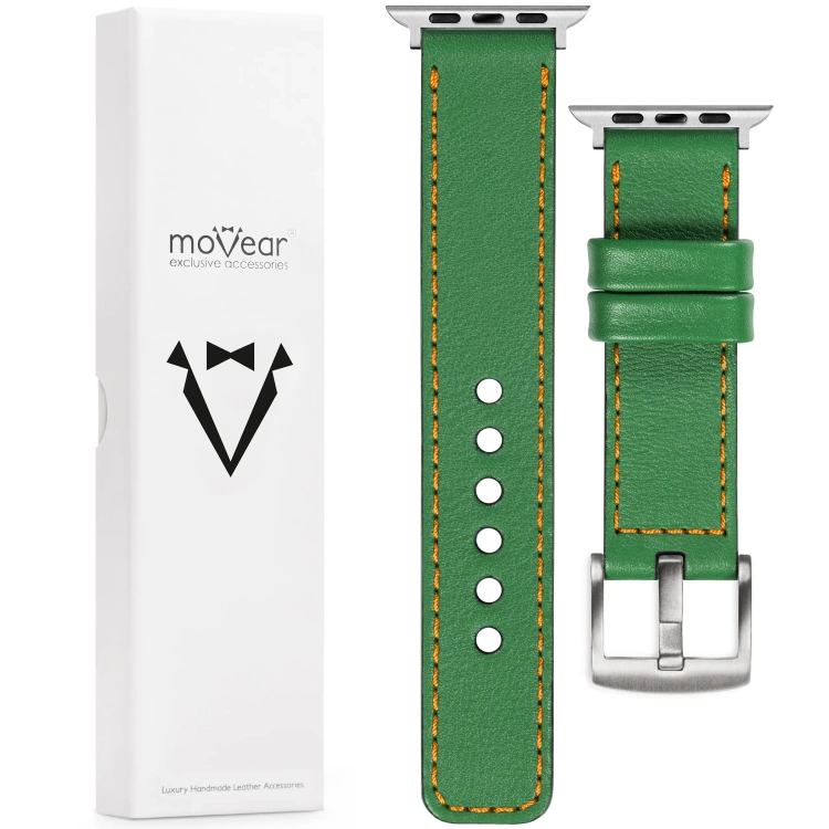 moVear Prestige C1 Skórzany pasek 24mm do Apple Watch 10 / 9 / 8 / 7 / 6 / 5 / 4 / SE (46/45/44mm) & Ultra (49mm) | Zielony, pomarańczowe przeszycie [rozmiary XS-XXL i klamra do wyboru]