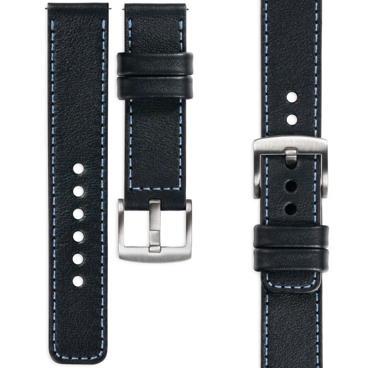 moVear Prestige C1 Skórzany pasek 20mm do zegarka | Czarny, błękitne przeszycie [rozmiary XS-XXL i klamra do wyboru]