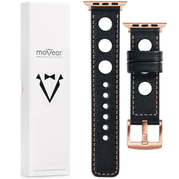 moVear Prestige R1 Skórzany pasek 20mm do Apple Watch 8 / 7 / 6 / 5 / 4 / SE (45/44mm) & Ultra (49mm) | Czarny, różowe złoto przeszycie [rozmiar i klamra do wyboru]