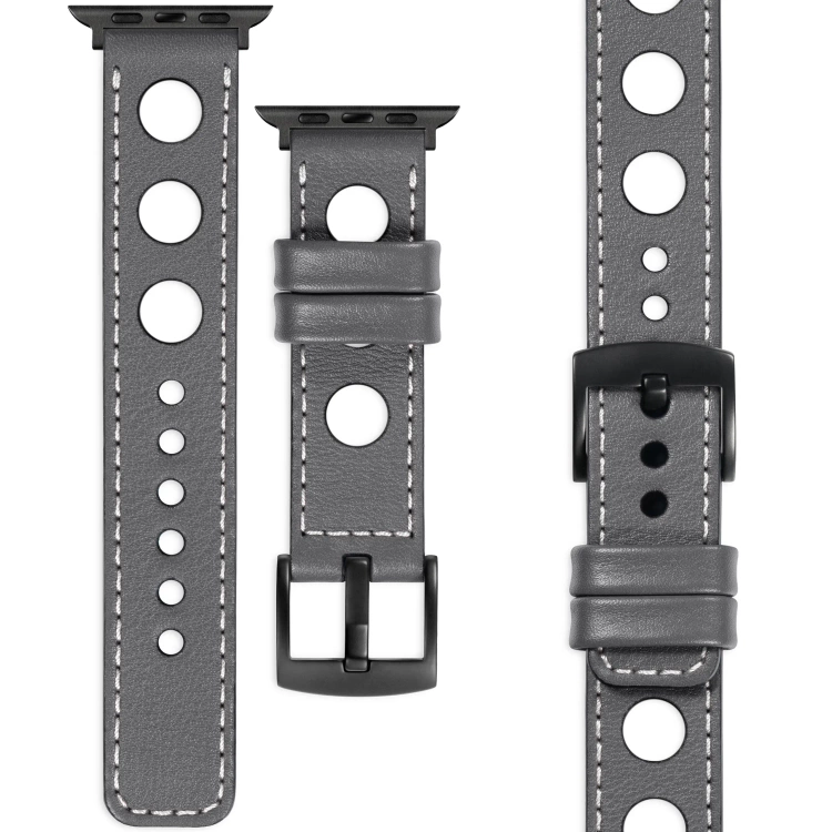 moVear Prestige R1 Skórzany pasek 22mm do Apple Watch 10 / 9 / 8 / 7 / 6 / 5 / 4 / SE (42/41/40mm) | Szary, białe przeszycie [rozmiary XS-XXL i klamra do wyboru]