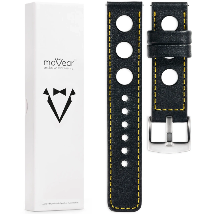 moVear Prestige R1 Skórzany pasek 18mm do zegarka | Czarny, żółte przeszycie [rozmiary XS-XXL i klamra do wyboru]